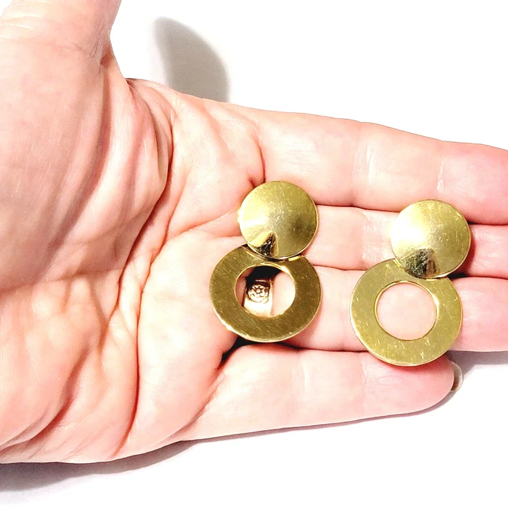 Double Circle‎ Dangle Pierced Earrings, 1.5” Shiny Gold-tone Retro Jewelry gp-4